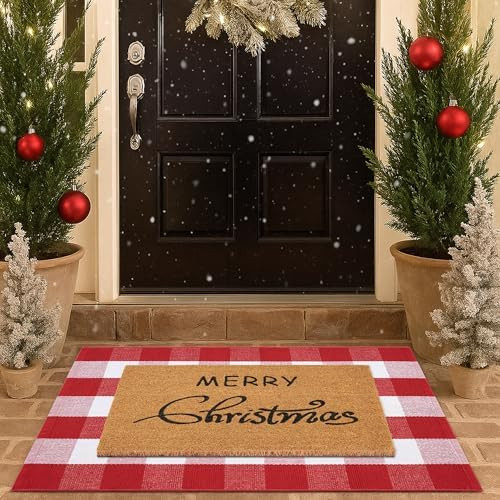 Christmas Door Mat Combo Set - 100% Coco Coir Welcome Mat + 28 x 43 Inch Red and White Plaid Rug,... | Amazon (US)