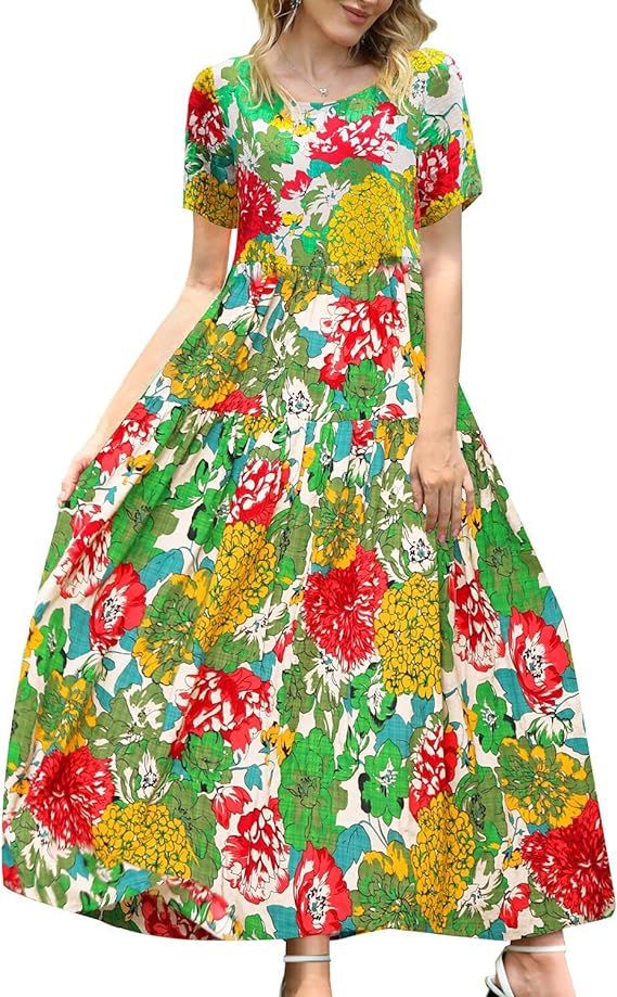 YESNO Women Casual Loose Bohemian Floral Dress with Pockets Short Sleeve Long Maxi Summer Beach S... | Amazon (US)