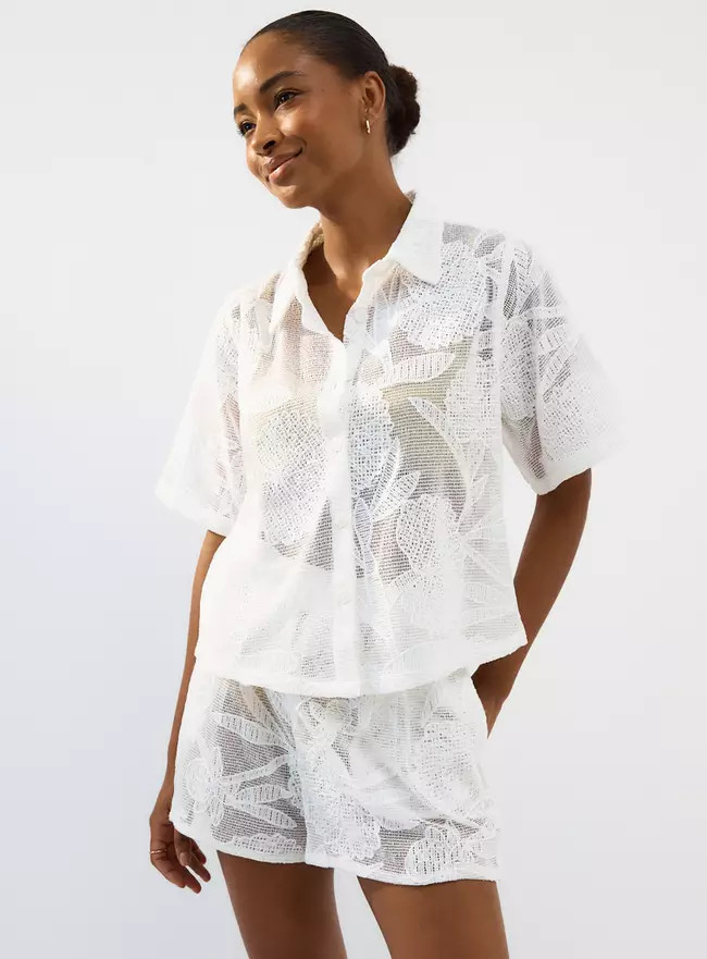 Buy White Floral Embroidered Mesh Beach Co-ord Shirt XL | Tops | Tu | Tu Clothing