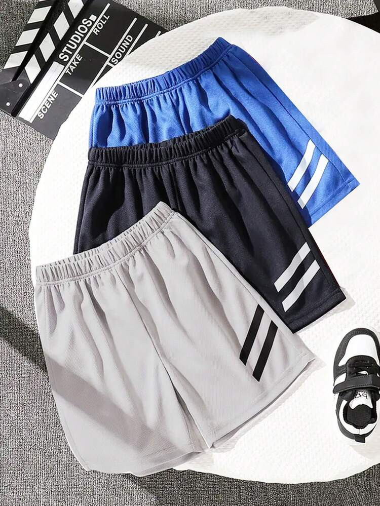 3pcs Tween Boy Summer Casual Striped Print Shorts Set, Quick-Dry Breathable Athletic Baseball Style Shorts, Suitable For Sports, Play, Casual School | SHEIN