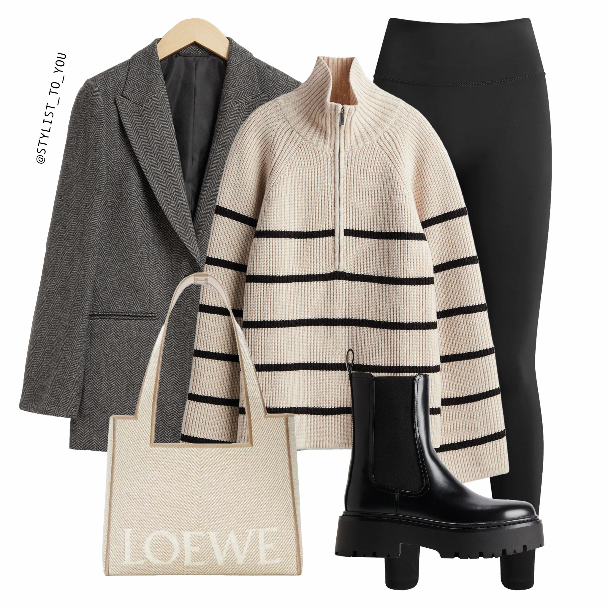 Stripes, blazer and boots = autumn uniform 🍂

Styling a chic fall outfit featuring a grey textured dogtooth check wool blazer, a beige and black striped half-zip jumper sweater, black leggings, chunky black Chelsea boots, and a cream-colored Loewe tote shopper bag. The look combines casual and sophisticated elements, perfect for autumn weather. Designer bag, luxury, classic, timeless, modern look, neutral fashion, fast fashion, high street, high end fashion, autumn winter fashion, Casual chic, Layering pieces, smart casual outfit, Cozy sweater style, Striped knitwear, blazer style, ankle boots, Loewe tote bag, Street style, Minimalist fall look, Elegant casual outfit, Effortless style, easy outfit, capsule wardrobe, casual look, spring outfit, H&M, everyday style, chic style, modern look, timeless fashion, comfortable stylish outfit, simplicity, smart casual, relaxed look, neutral colours, Spring Style, Fashion Inspiration, Outfit Ideas, Work Wear, Office Outfits, business outfit, Casual Outfits, Virtual Stylist, Styling Tips, How to Wear, Wardrobe Inspo, Fashion Trends, Chic Outfit, Elegant Style, Capsule Closet, Everyday Look, Style Daily, Minimalist, What to Wear, Street Style, Cute Outfits, Comfy and Stylish, Neutral Style, Trending Now, Versatile Outfit Ideas, Everyday Outfits, Comfortable and stylish, Chic Trends, AW25 Fashion

#LTKuk #LTKautumn #LTKeurope