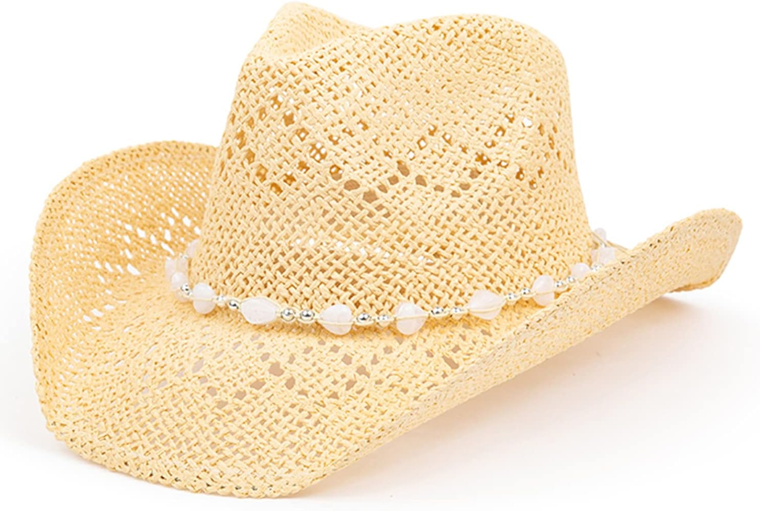 Western Cowgirl Hat, Straw Cowboy Hat for Women with Shapeable Brim, Beaded Hearts Trim, Shapeabl... | Amazon (US)