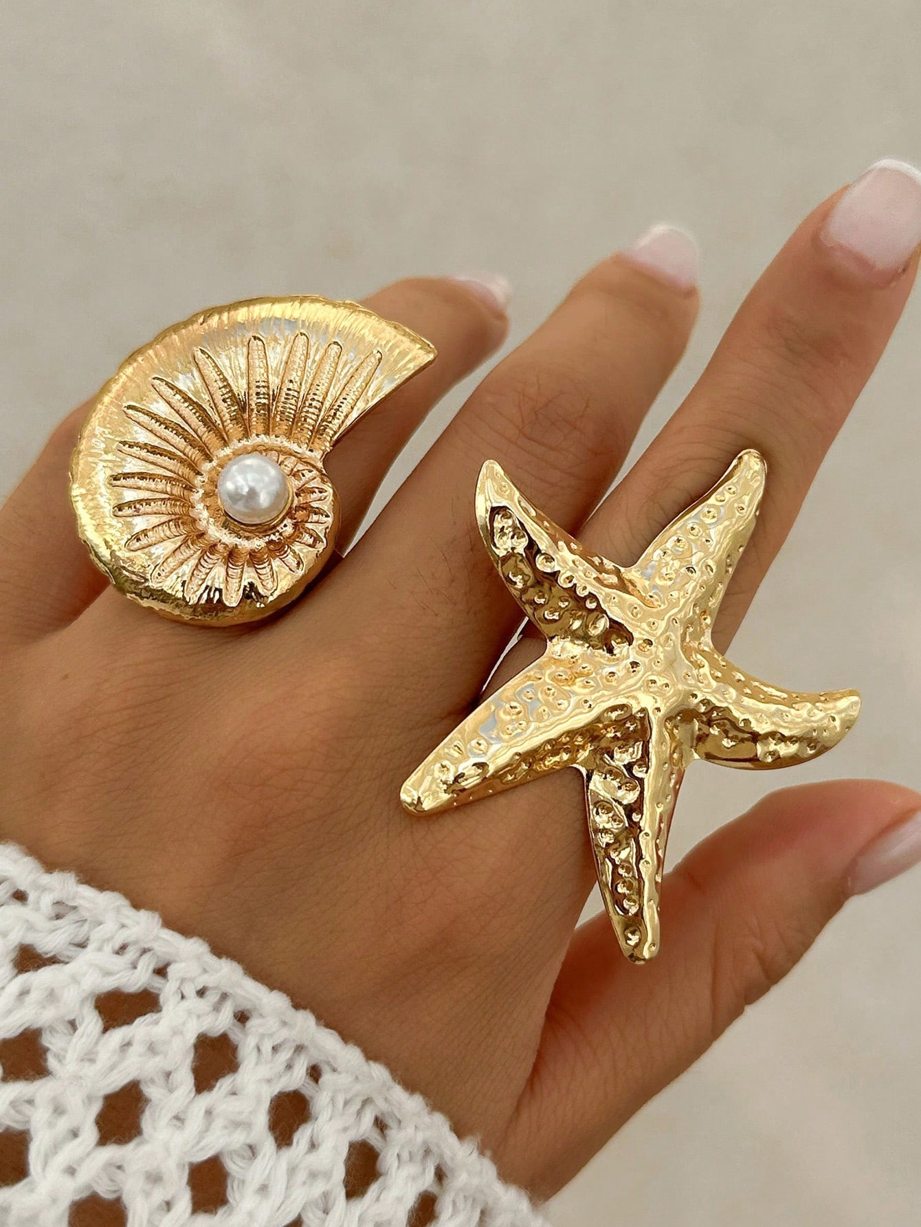 1pc Vintage Bohemian Style Metal Starfish & Seashell Ring, Thick Gold & Silver Plated Band, Perfe... | SHEIN