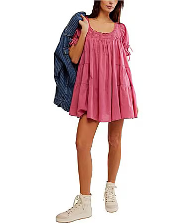 Free People Sandy Shores Scoop Neck Short Puff Sleeve Tiered Babydoll Mini Dress - S | Dillard's