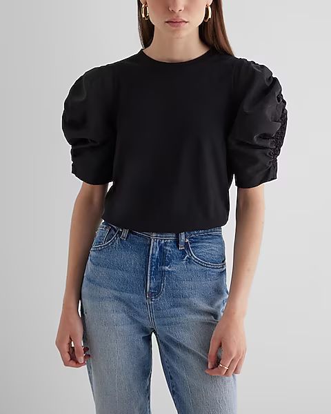 Skimming Crew Neck Poplin Ruched Puff Sleeve Tee | Express (Pmt Risk)