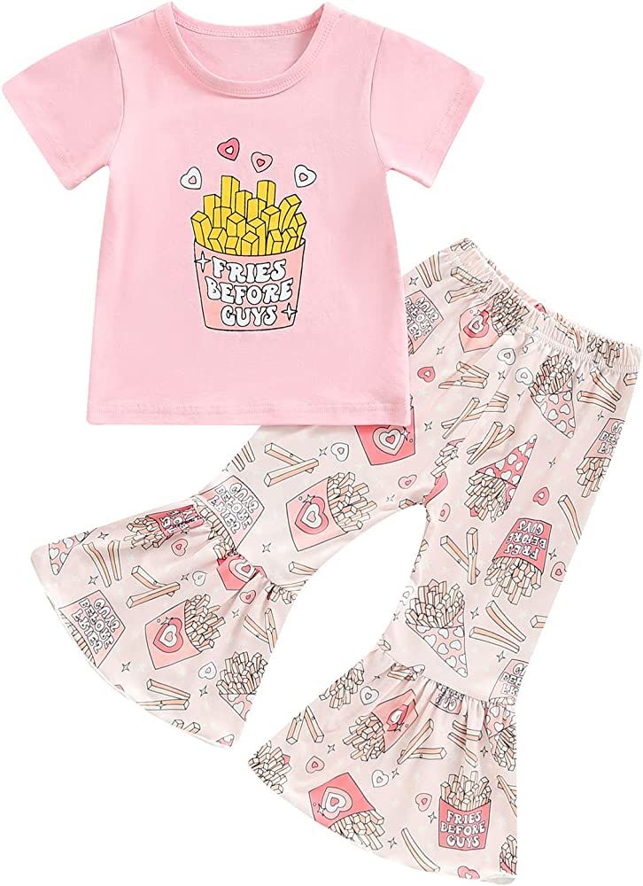 Western Baby Girl Outfits Funny Letter T Shirt Top+Cow Print Long Flare Pants Set Summer Spring C... | Amazon (US)