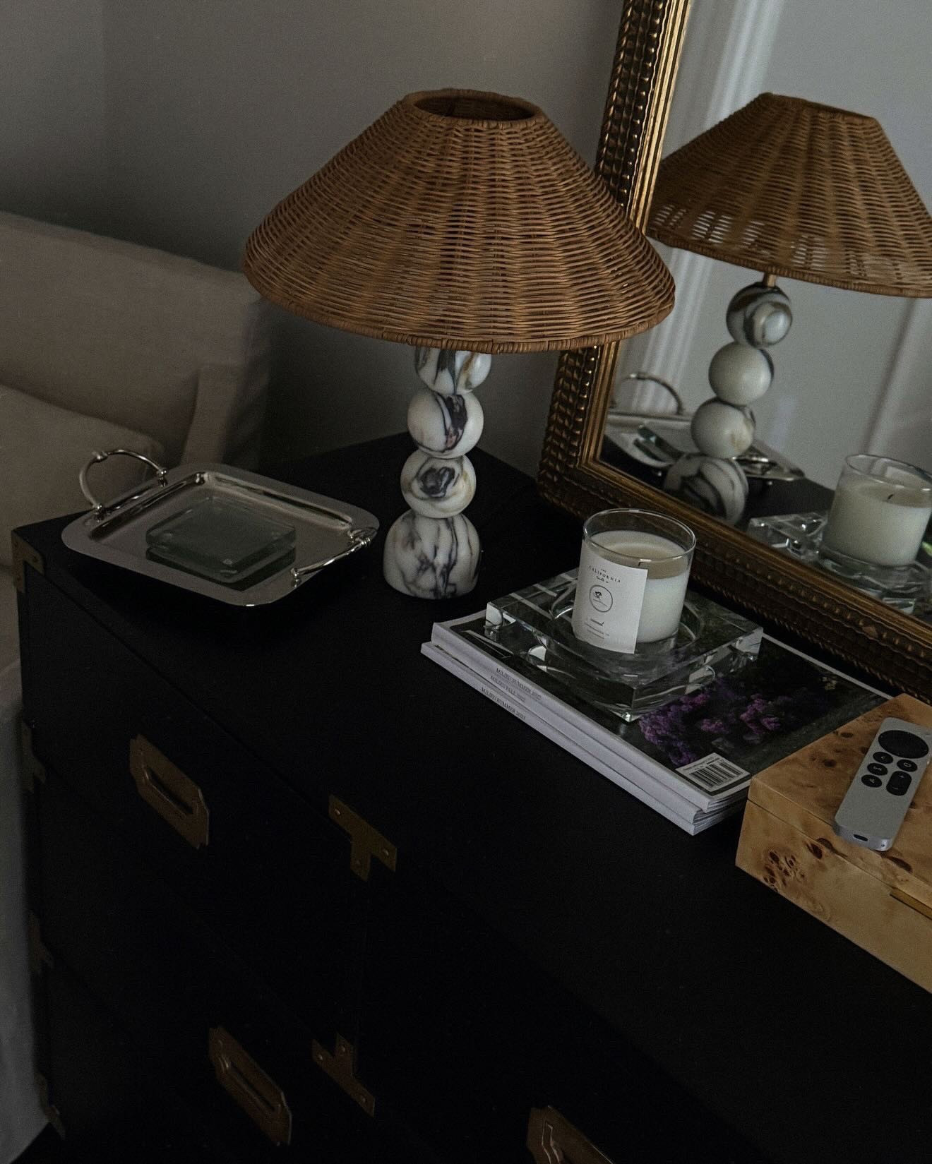 Marble lamp, rattan lamp shade, campaign dresser, Burl box, crystal candle holder, silver tray, McGee and co, 

#LTKHome