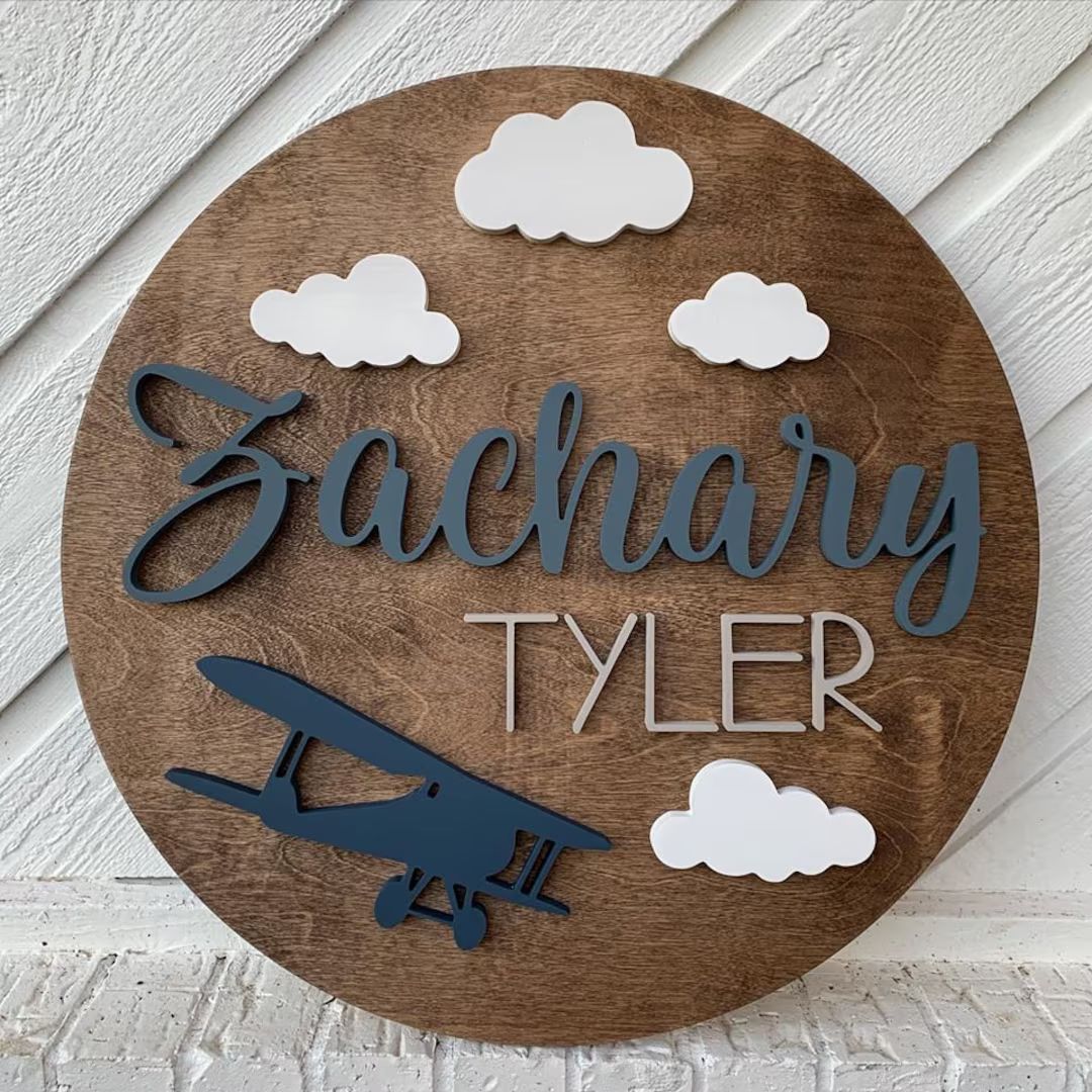 18" Airplane Theme Round Wood Name Sign | Custom Name Wood Sign | Wood Cutout | Aviation | Nurser... | Etsy (US)