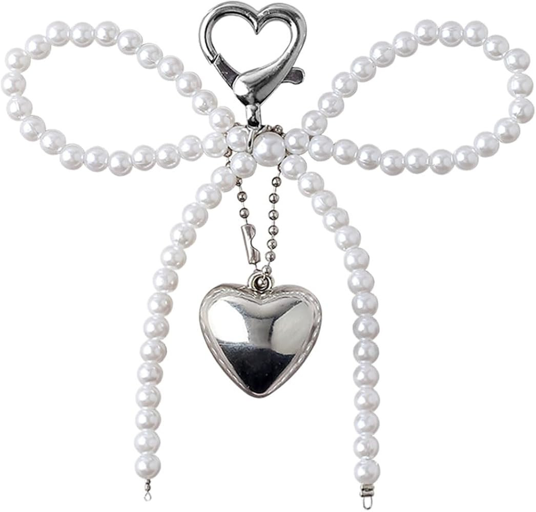 Y2k Keychain Accessories Silver Heart Pendant Pearl Bow Key Chain Phone Charm Sweet Bow Cute Keyc... | Amazon (US)