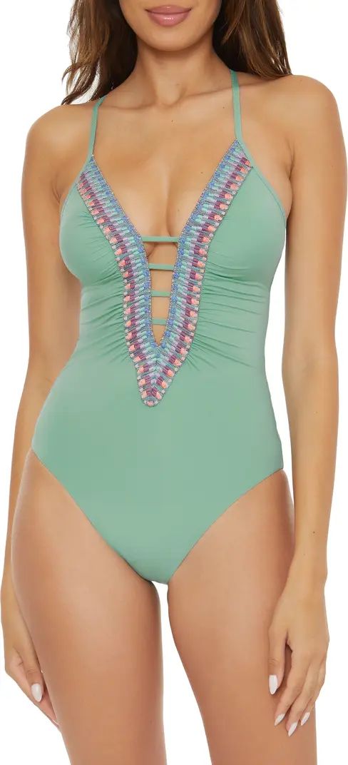 Becca Fiesta Plunge Embroidered One-Piece Swimsuit | Nordstrom | Nordstrom