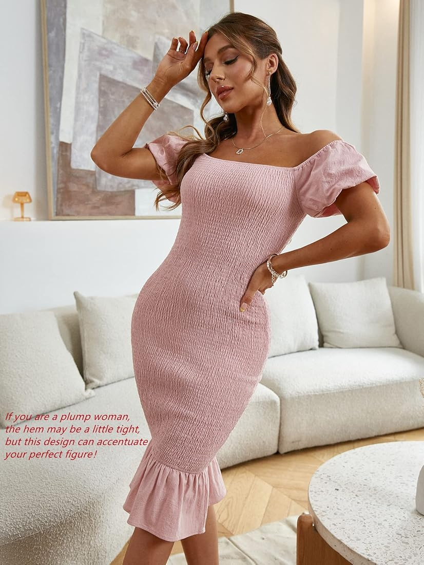 BerryGo Women's Smocked Bodycon Off Shoulder Puff Short Sleeve Mermaid Dress Ruffle Shirred Party Co | Amazon (US)