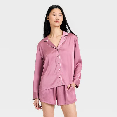 Women's Luxury Collection Satin Notch Collar Long Sleeve Shirt and Shorts Pajama Set - Auden™ | Target
