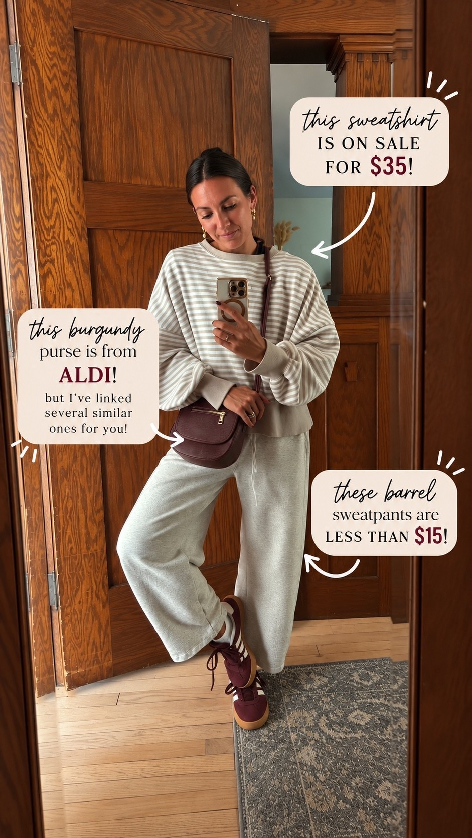 Comfy, cute + somehow under $50 for the whole outfit?! 👏🏼

These barrel sweatpants are LESS THAN $15 and my striped sweatshirt is on sale for $35 right now! The burgundy bag was an ALDI find 🙃 but I linked a few similar options because apparently burgundy is my entire personality this fall. 🤎🍷

Everything I can link is right here! 👇🏼