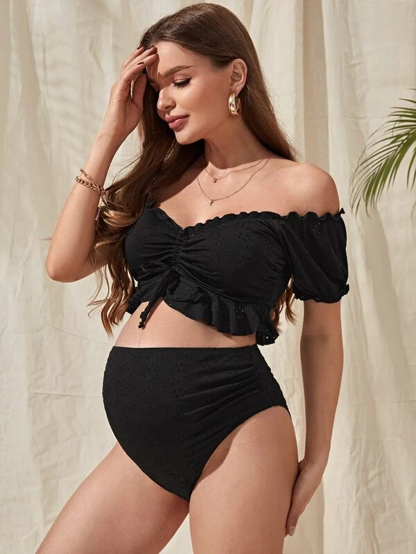 SHEIN Maternity Drawstring Front Ruffle Hem Off Shoulder Bikini Swimsuit | SHEIN