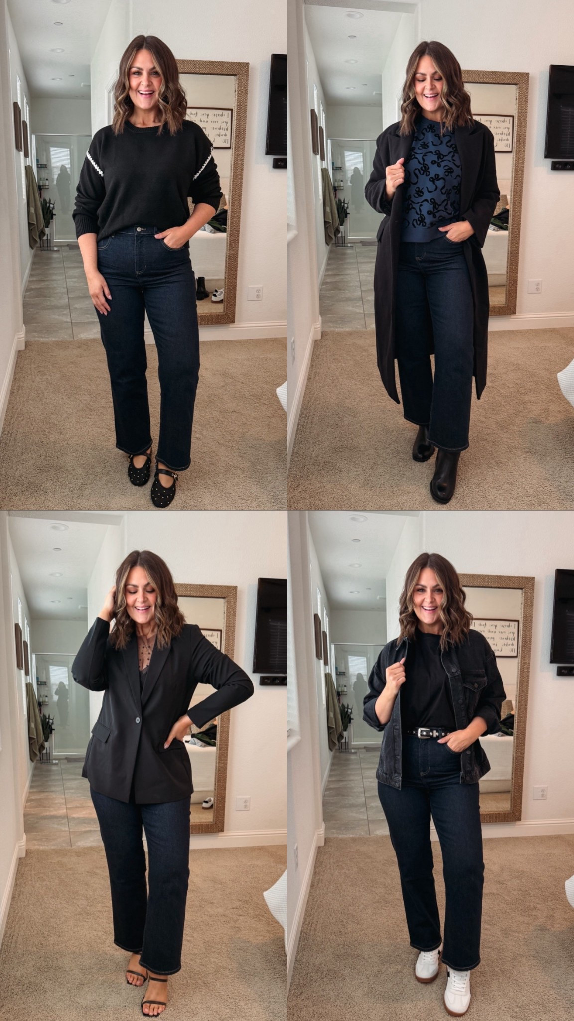 Spanx 90s straight jeans, styled 4 ways ✨
Jeans, large
Top left sweater, medium
Top right sweater & coat, medium
Bottom left top & blazer, large
Bottom right top, large 
Bottom right denim jacket, medium 
Belt, L/XL
Shoes, true size 10

Winter outfits, size 12, midsize, elevated basics 

#LTKOver40 #LTKMidsize #LTKootd