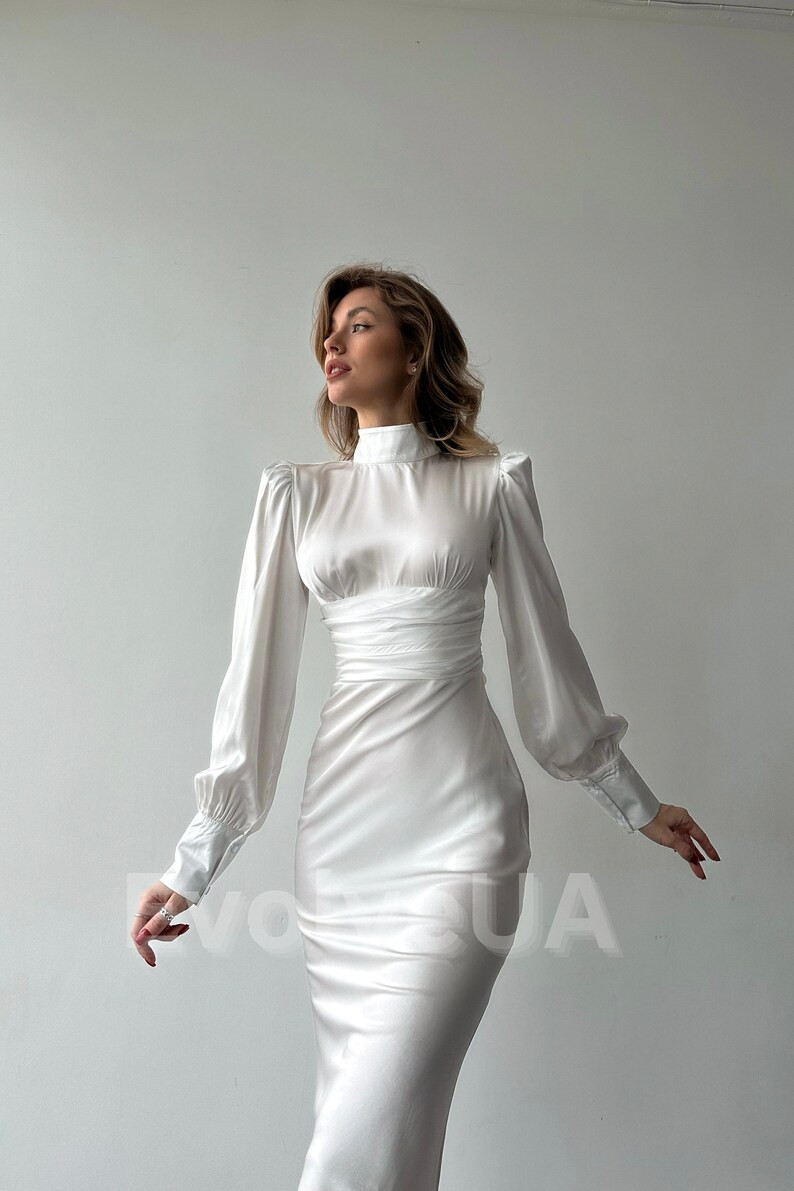 White Silk Open Back Dress With Long Sleeves, White Silk Midi Dress for Elopement, Silk Turtlenec... | Etsy (US)