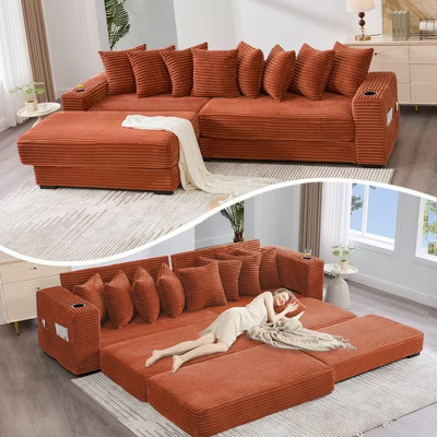 110.75" Modular L-Shaped Sofa Bed, Corduroy Sectional Couch with Footstool, 8 Pillows, Cup Holders & Side Pockets, Sleeper Sofa for Living Room | Target