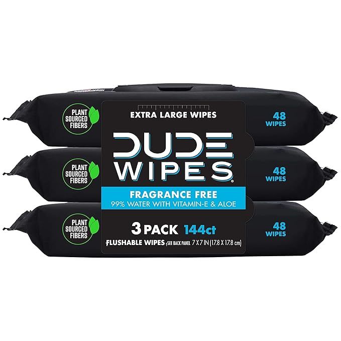 DUDE Wipes - Flushable Wipes - 3 Pack, 144 Wipes - Unscented Extra-Large Adult Wet Wipes - Vitami... | Amazon (US)