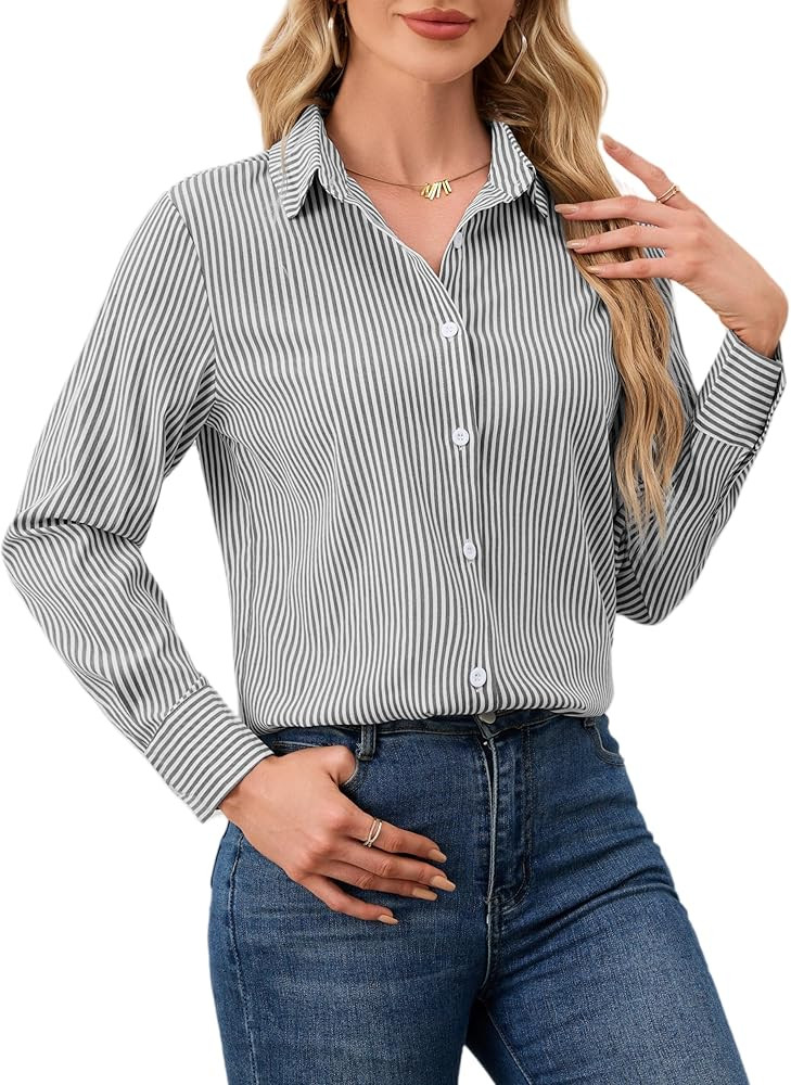 YAMANMAN Women's Button Down Shirts Casual Long Sleeve Stylish Collared Blouses V Neck Work Offic... | Amazon (US)