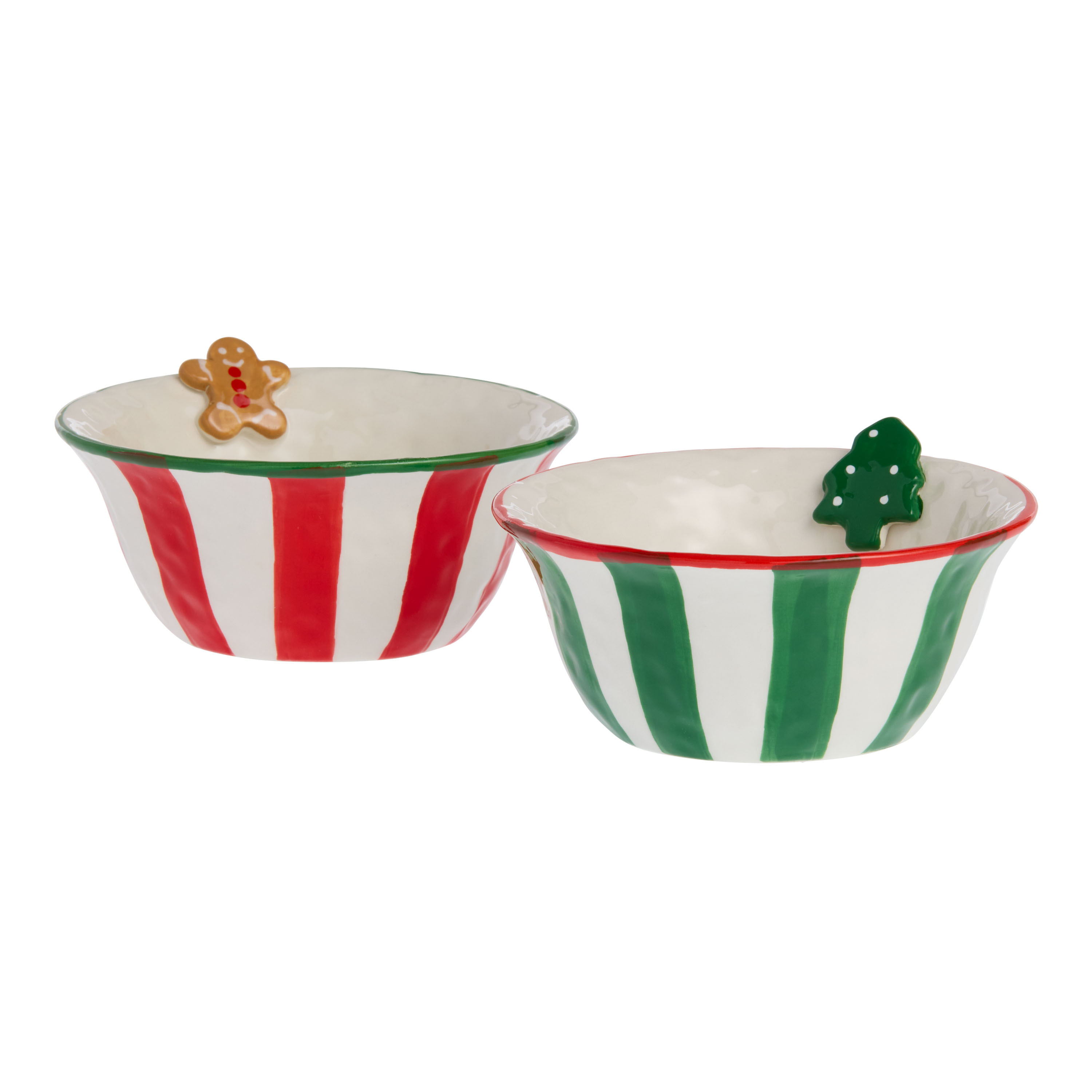 Red and Green Stripe Holiday Icon Hand Painted Bowl Set of 2 | World Market