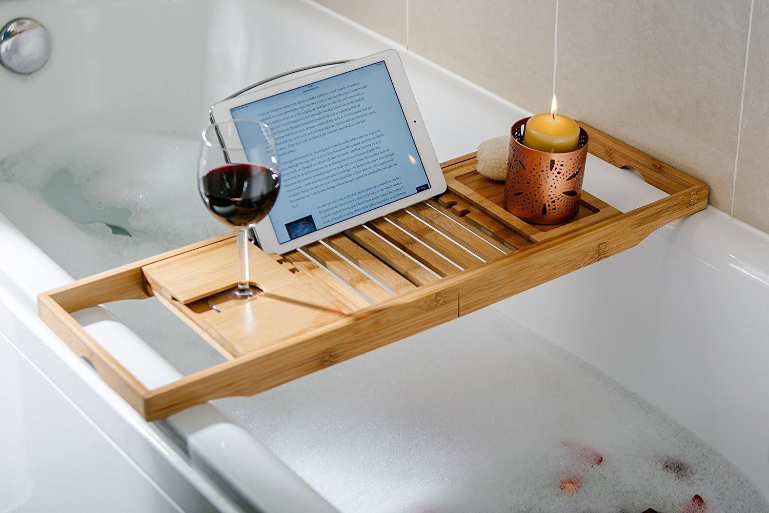 DOZYANT Bamboo Bathtub Tray Caddy Wooden Bath Tray Table with Extending Sides, Reading Rack, Tabl... | Amazon (US)