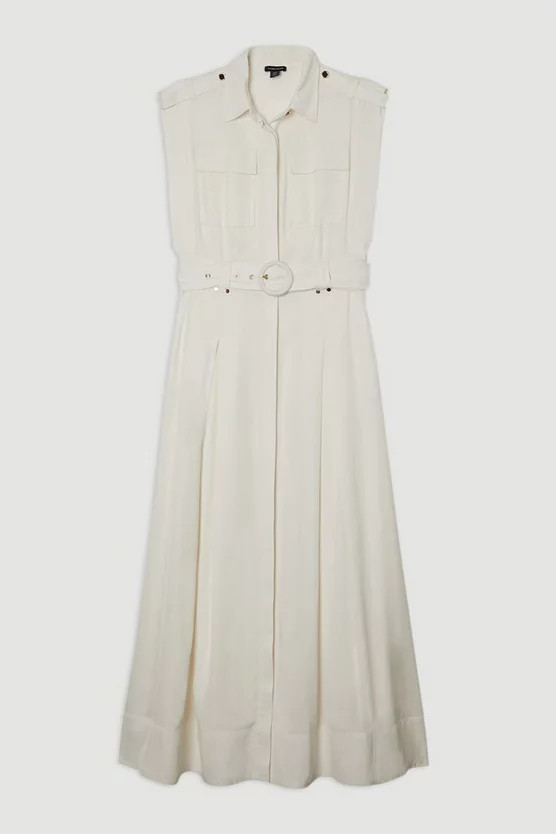 Premium Viscose Linen Woven Sleeveless Shirt Dress With Belt | Karen Millen | Karen Millen US