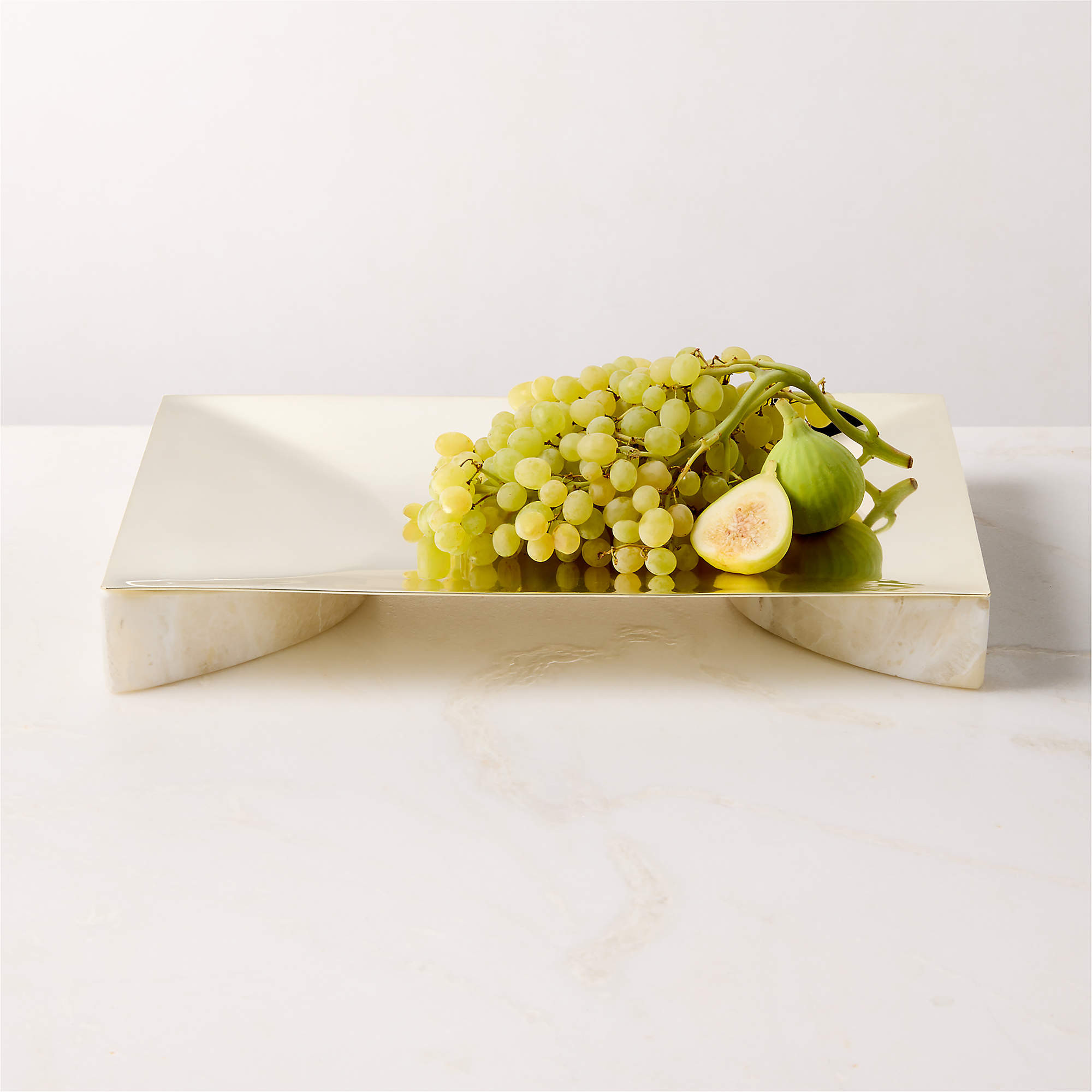 Akri Rectangular Champagne Gold Stainless Steel and Cream Onyx Serving Platter | CB2 | CB2