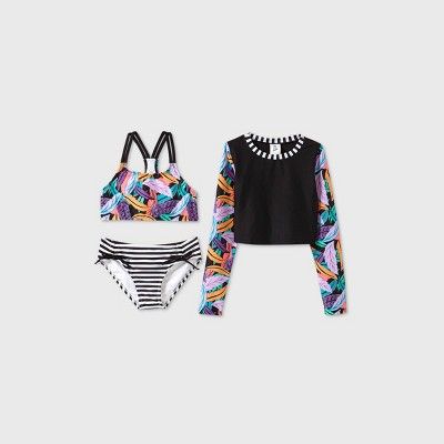 Girls' Long Sleeve Leaf Print 3pc Cropped Rash Guard Bikini Set - art class™ | Target