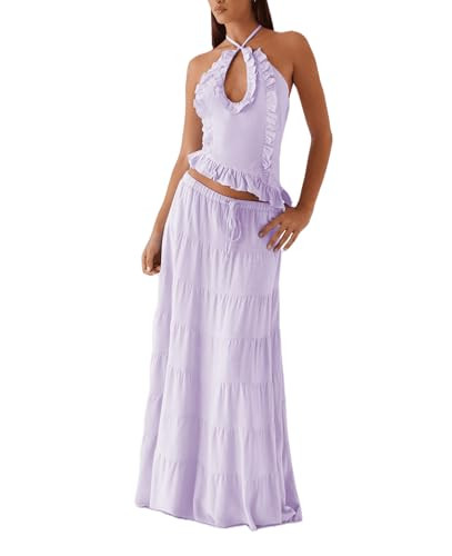 Womens 2 Piece Maxi Skirt Set Y2k Halter Ruched Cami Top Tiered Flowy Ruffle Skirt 2025 Summer Be... | Amazon (US)