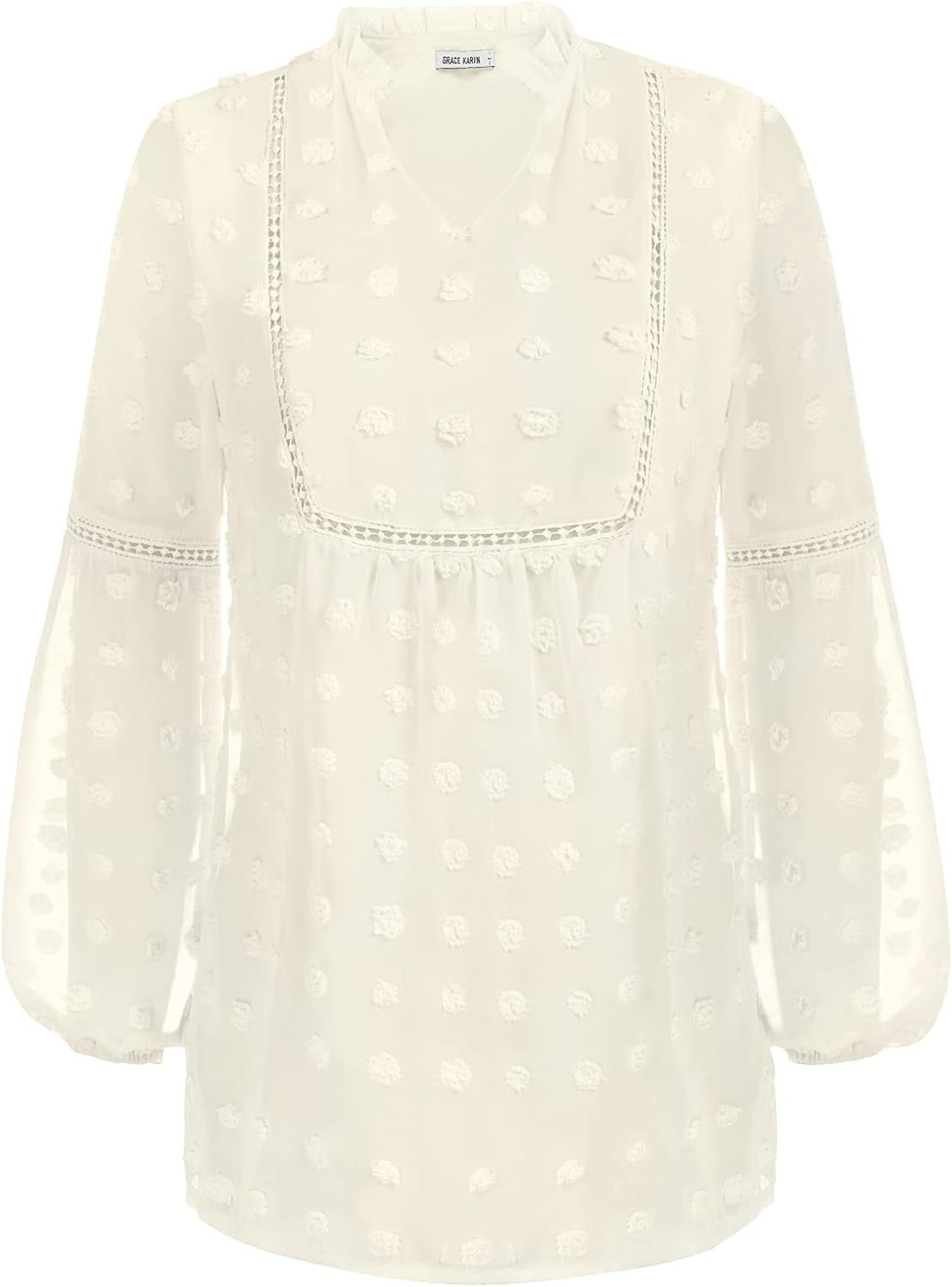 GRACE KARIN Women's Casual Chiffon Shirts Swiss Dot V Neck Long Sleeve Flowy Blouse Top | Amazon (US)