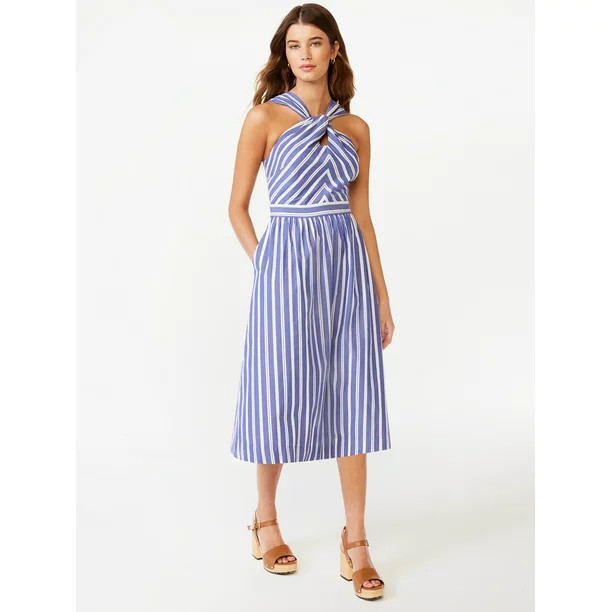 Free Assembly Women's Sleeveless Twist Knot Halter Fit and Flare Midi Dress, Sizes XS-XXL | Walmart (US)