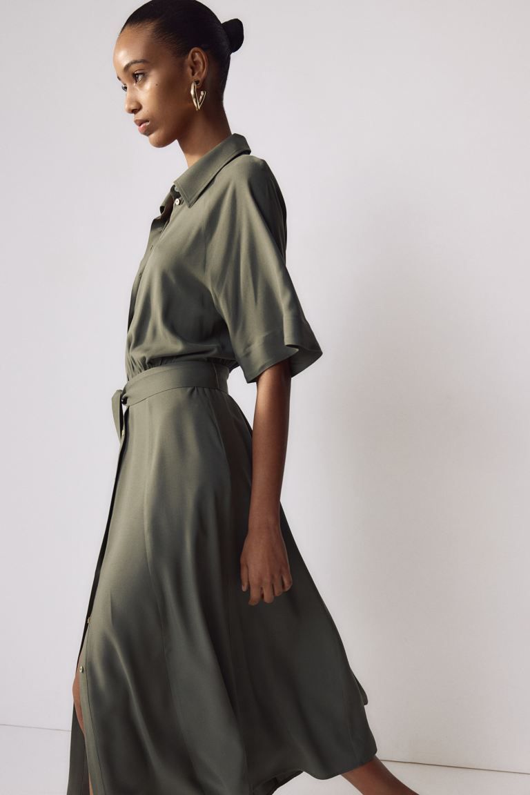 Tie-belt Shirt Dress - Dark khaki green - Ladies | H&M US | H&M (US + CA)