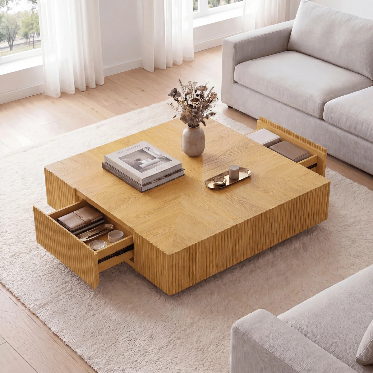 31.5 Inch Solid Wood Square Coffee Table With 2 Drawers, Handcrafted Ash & Oak Fluted Design | Wayfair North America