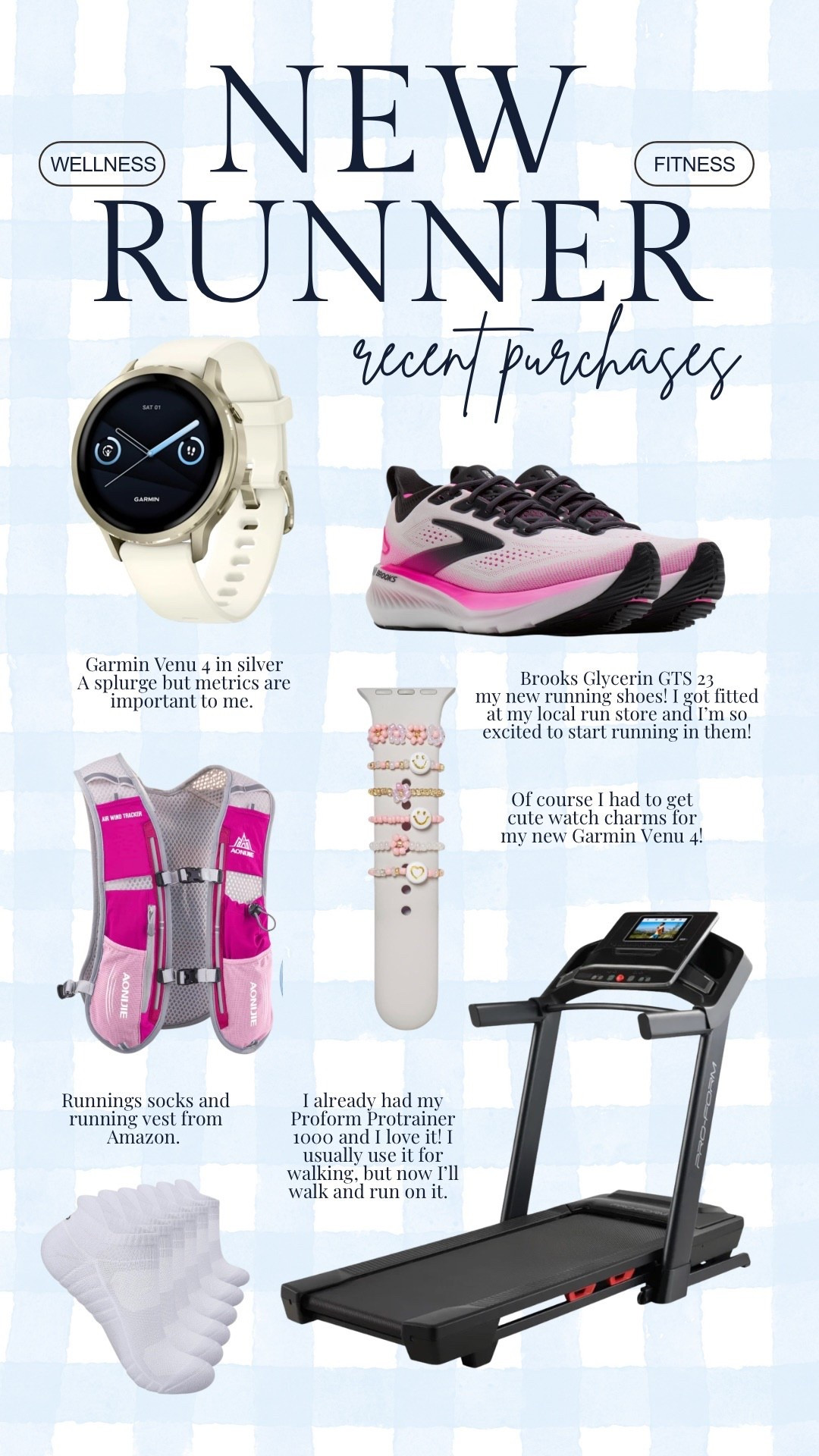 New runner recent purchases I’m a newbie runner, but these are some of the items I’ve picked up. My Proform treadmill I love already and use it for walking daily.  I also decided to get a Garmin Watch, the Garmin Venu 4. My sneakers are the Brooks Gylcerin GTS 23

Smiles and pearls, running gear, garmin, marathon training, fitness journey 

#LTKmorningroutine #LTKfitnessgoals #LTKMidsize