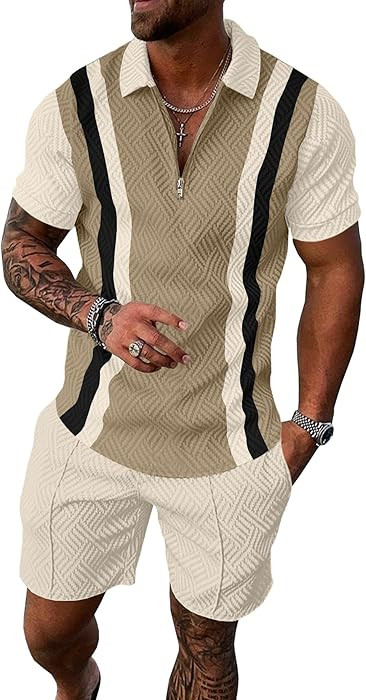 UOUA Mens Summer Track Suits 2 Piece Shorts Sets Short Sleeve Sweatsuit Outfits 1/4 Zip Golf Polo... | Amazon (US)