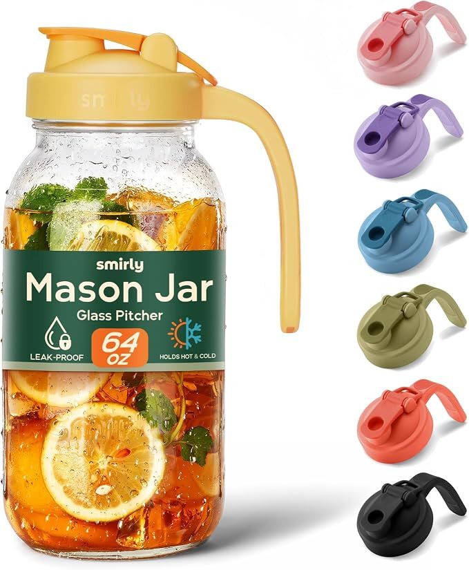 SMIRLY 64 oz Mason Jar Pitcher,Glass Pitcher with Wide Mouth,Water Jug with Double Leak Proof Lid... | Amazon (US)