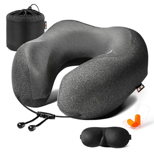 MLVOC Travel Pillow 100% Pure Memory Foam Neck Pillow, Comfortable & Breathable Cover, Machine Washable, Airplane Travel Kit with 3D Contoured Eye Masks, Earplugs, and Luxury Bag, Standard (Black) | Amazon (US)