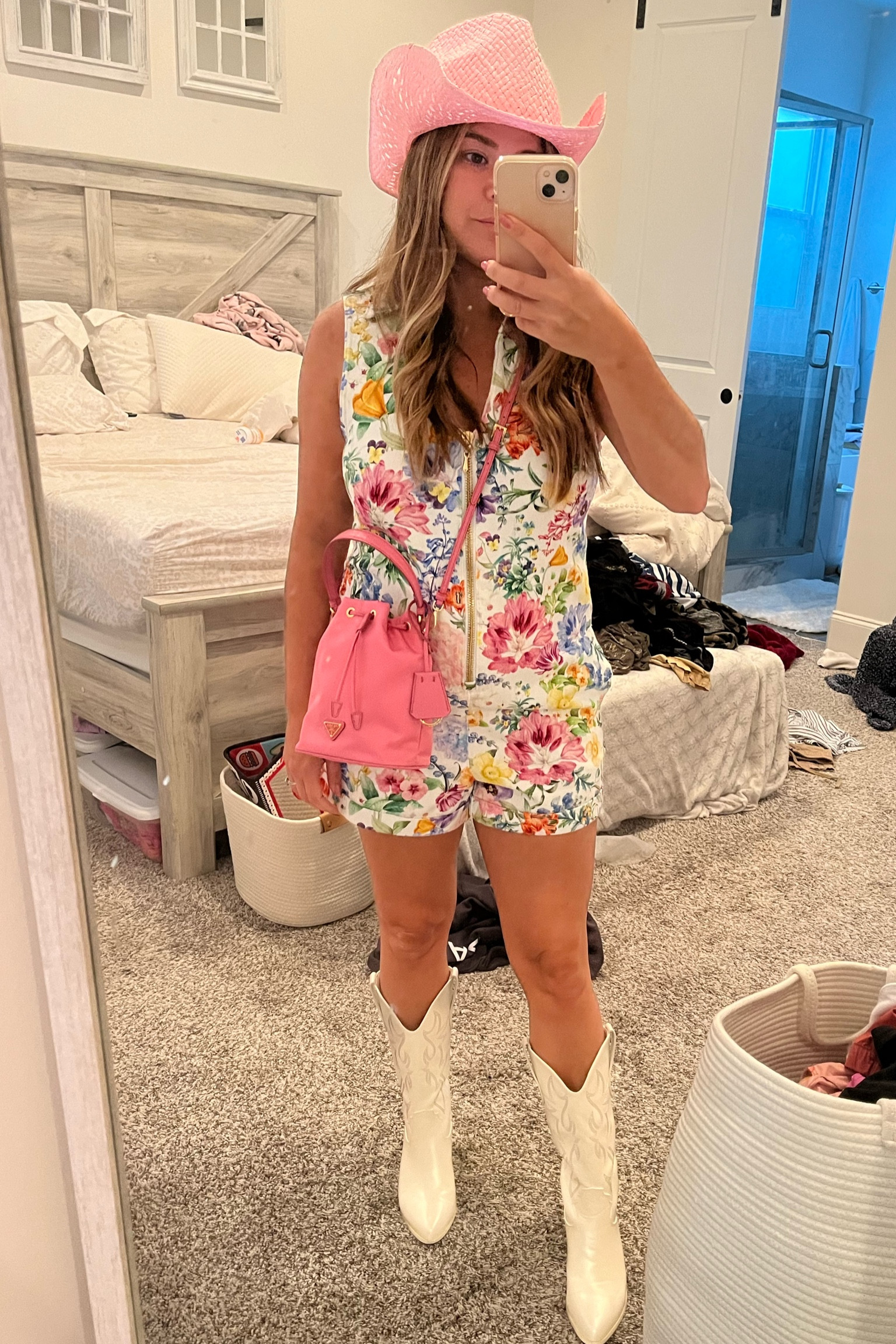 Show me your mumu romper! Floral romper! Nashville outfit! Country concert outfit! Cowgirl boots! Cowgirl hat! Pink Prada bag! 

#LTKStyleTip #LTKSeasonal #LTKFestival