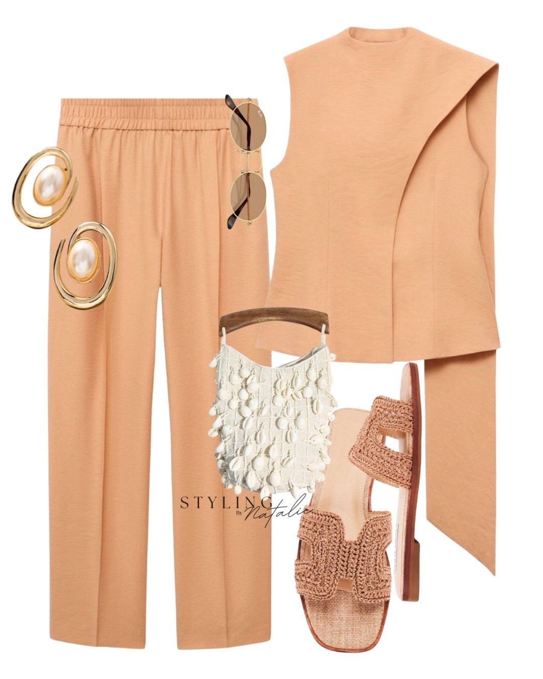 Summer co-ord set, foulard top and matching trousers with elastic waistband, raffia slide sandals, Rayban sunglasses & swirly pearl earrings. Date night look, casual chic, holiday outfit, vacation evening wear, workwear.

#LTKsummer #LTKeurope #LTKworkwear