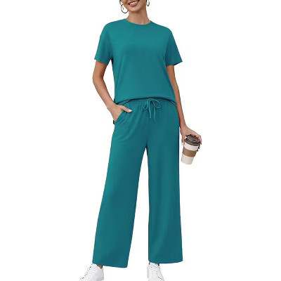 Pinspark 2 Piece Sets for Women Soft Short Sleeve Matching Lounge Set Wide Leg Pants Tracksuit Travel Summer Outfits-Lilac-xxl | Target