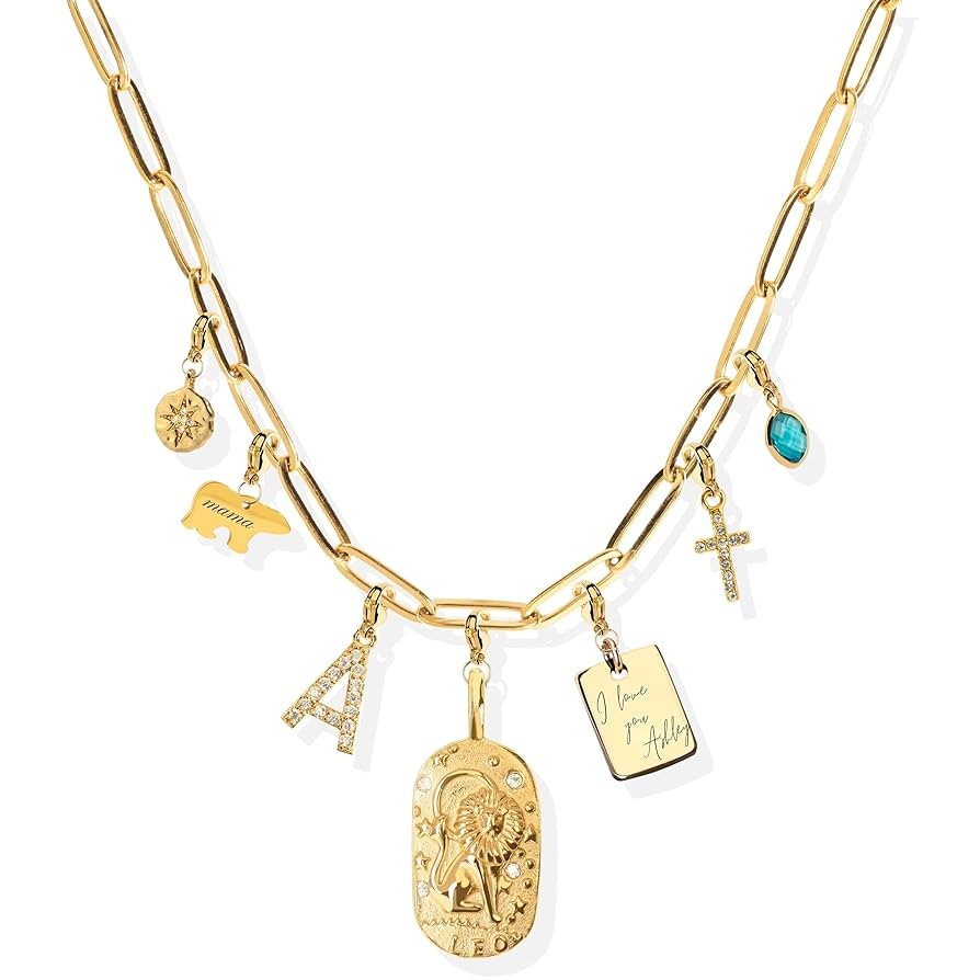 Custom Gold Charm Necklace Personalized Engravable Charms, Unique Holiday Jewelry Gift for Her -P... | Amazon (US)