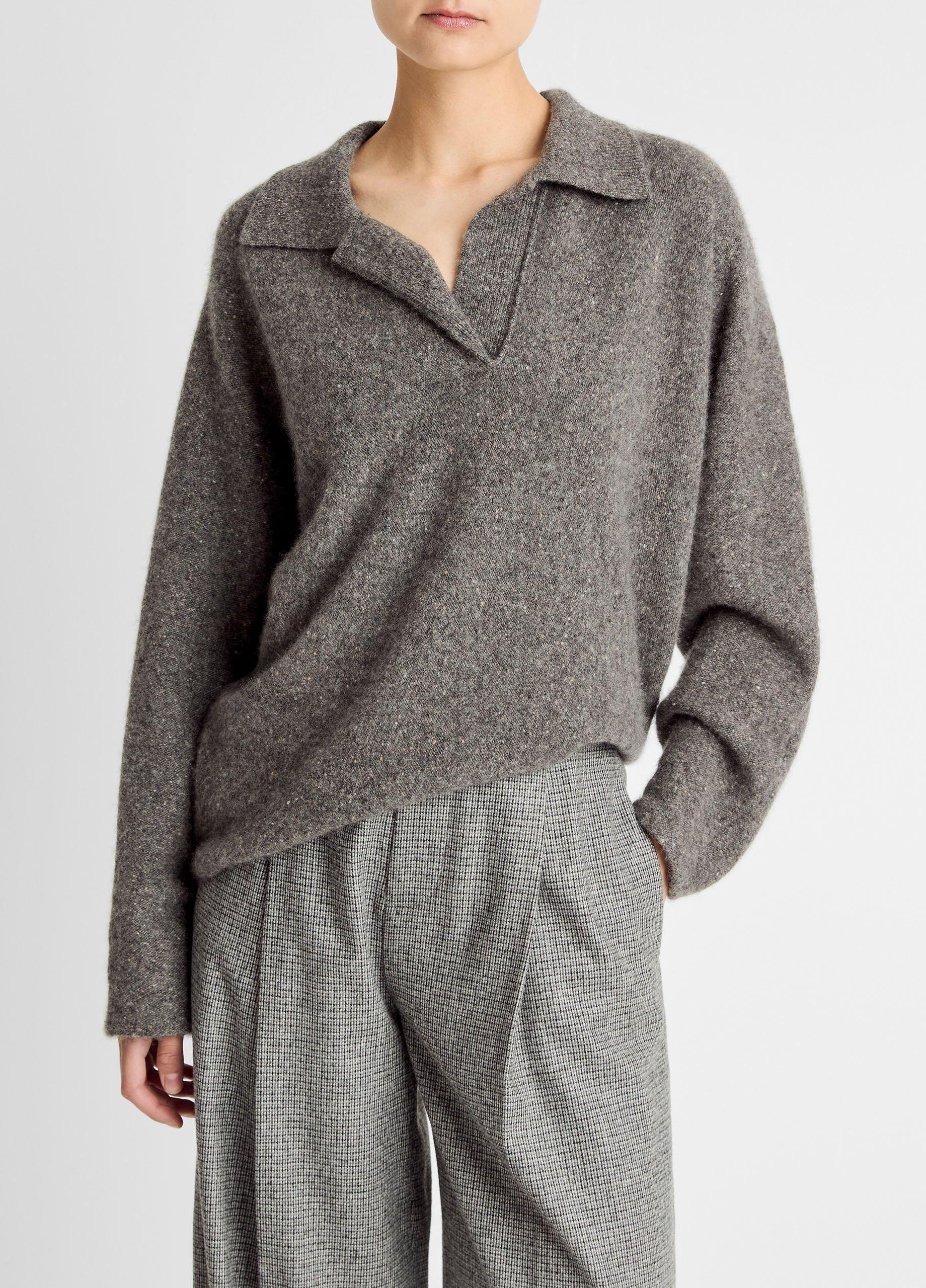 Women's Donegal Plush Cashmere Dolman-Sleeve Polo Sweater, Medium Heather Grey Donegal, Size XS Vince | Vince LLC