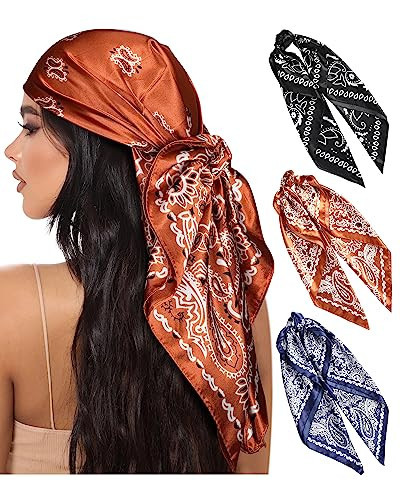 AWAYTR 35” Large Square Satin Head Scarf - 3Pcs Beach Hair Scarves Silk Feeling Bandana for Women Hair Wrap Neck Scarf Cashew(Yellow/Blue/Black) | Amazon (US)
