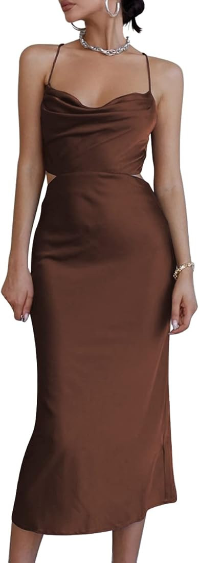 LYANER Women's Satin Cowl Neck Straps Slip Sexy Cut Out Cocktail Midi Dress | Amazon (US)