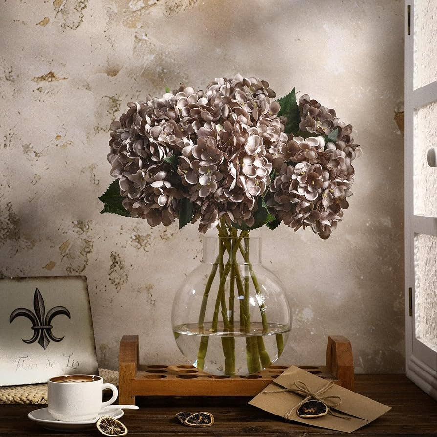 8 Pcs 18 Inch Brown Hydrangea Artificial Flowers Coffee Faux Hydrangea Flowers with Stems Fake Bo... | Amazon (US)