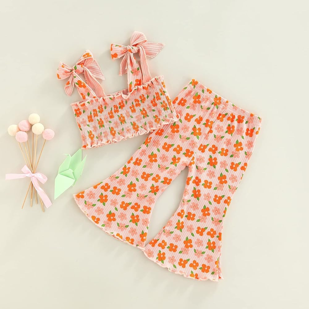 Toddler Girl Bell Bottom Romper Baby Floral One Piece Ribbed Cotton Jumpsuit Flare Pants Overalls Pl | Amazon (US)