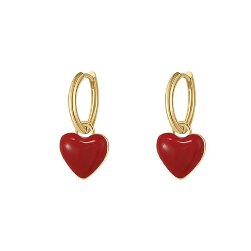 Cute Red Heart Love Dangle Drop Small Huggie Hoop Earrings for Women Vintage Minimalist Gold-tone Enamel Charm Hoops Dainty Jewelry for Her | Amazon (US)