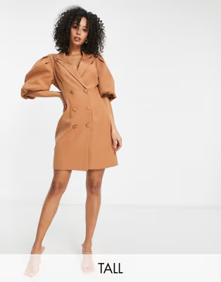 Missguided Tall blazer dress with puff sleeve in camel | ASOS (Global)