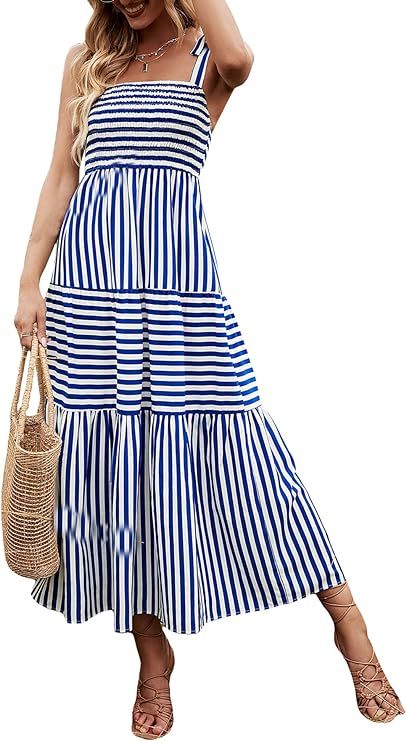 MakeMeChic Women's Striped Tie Shoulder Sleeveless A Line Camis Dress Ruffle Summer Long Dress | Amazon (US)