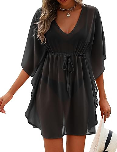 AI'MAGE Womens Beach Swimsuit Coverup Sexy Sheer Bathing Suit Cover Up Dress Swimwear Tie Waist C... | Amazon (US)
